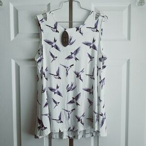 White Tank Top Blouse w Blue Flying Bird Pattern